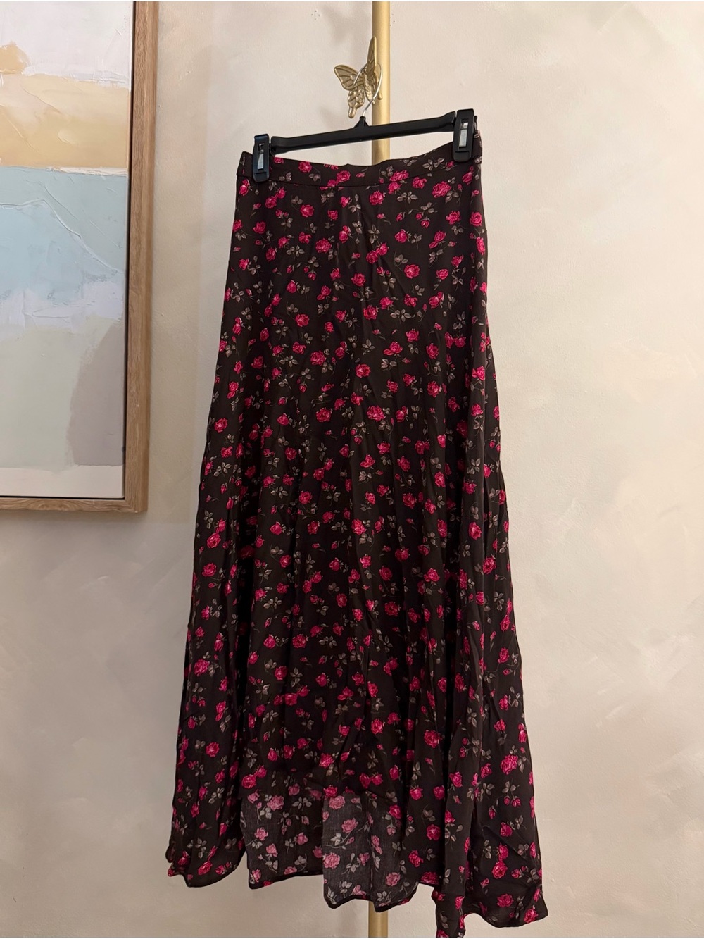 GAP Black Maxi Skirt with Pink Rose Print